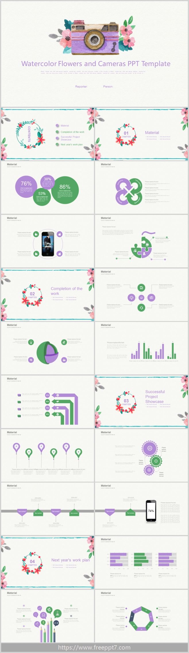 Watercolor Flowers and Camera PowerPoint Template